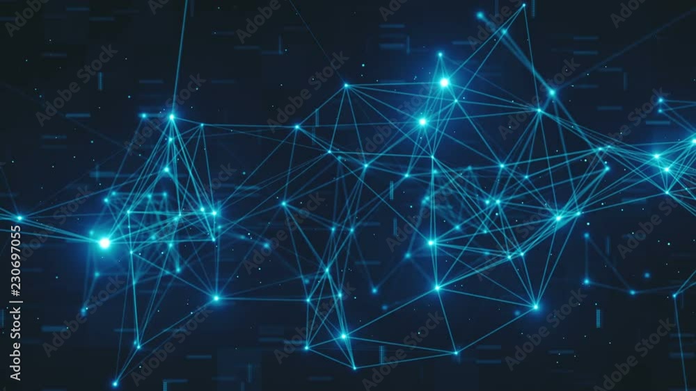 Poster abstract flashing connected digital data nodes and connection paths on any type of network