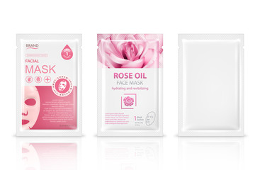 Facial sheet mask sachet package mockup set. Vector realistic illustration isolated on white background. Beauty product packaging design templates.