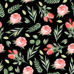 Deurstickers Seamless floral  pattern on a black background. Watercolor hand drawn © JuliaBadeeva