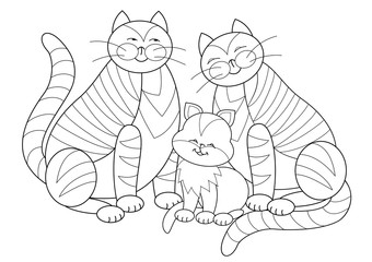 Fototapeta na wymiar Black and white page for kids coloring book. Illustration of happy cats family. Worksheet for little children. Developing skills for drawing and coloring. Vector cartoon image.