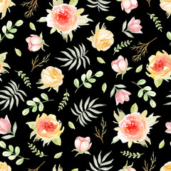 Seamless floral  pattern on a black background. Watercolor hand drawn