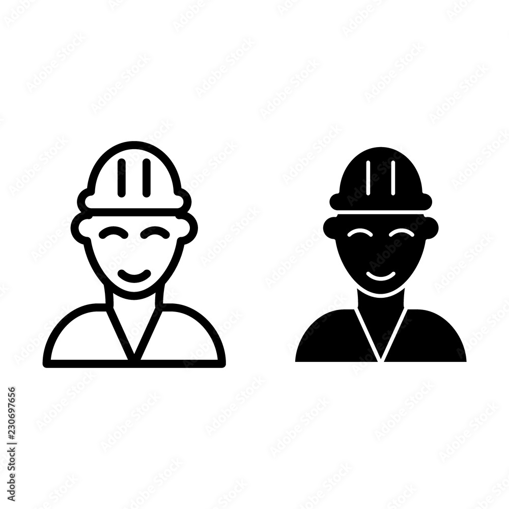 Poster fireman line and glyph icon. builder vector illustration isolated on white. firefighter outline styl