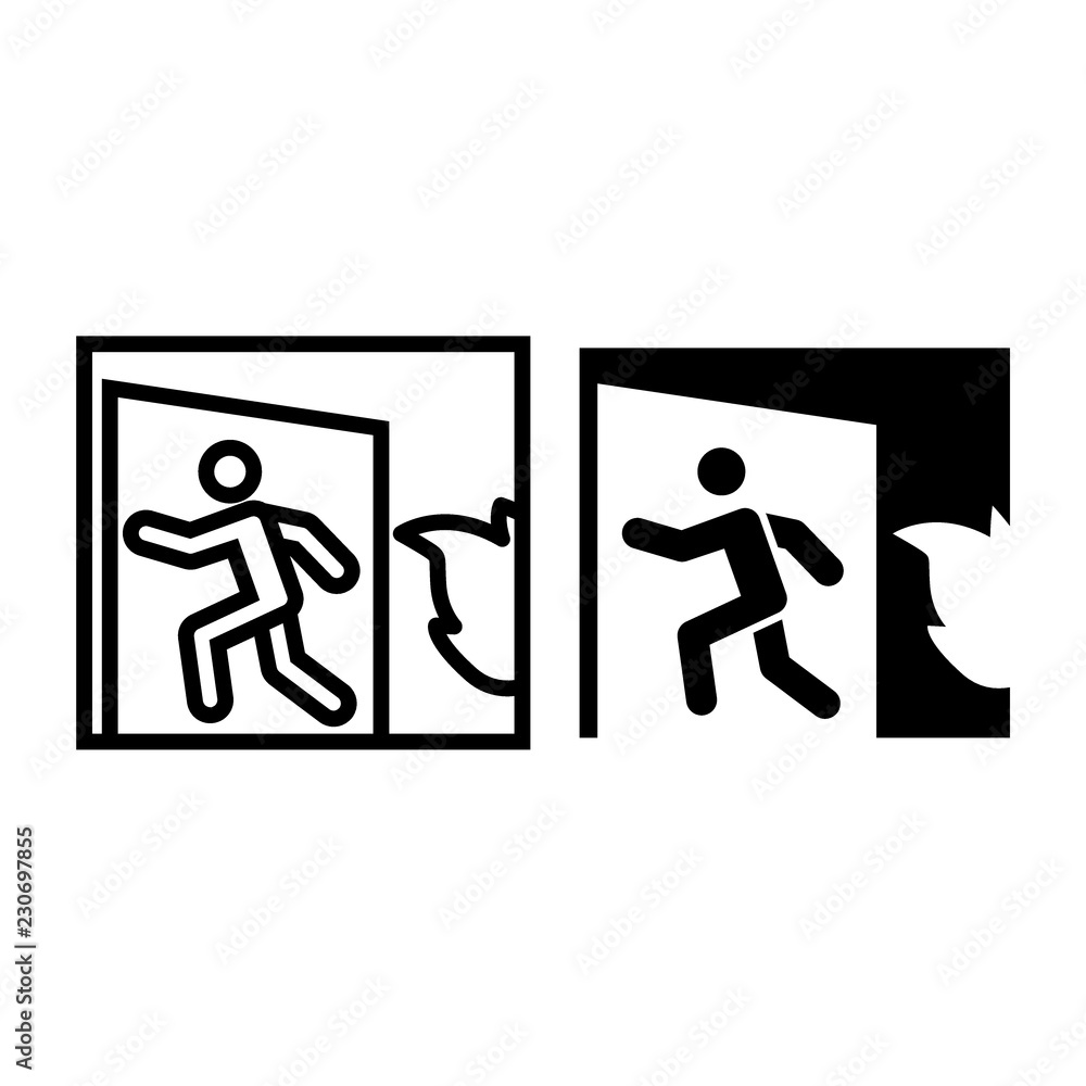 Poster emergency exit line and glyph icon. fire exit vector illustration isolated on white. emergency exit 