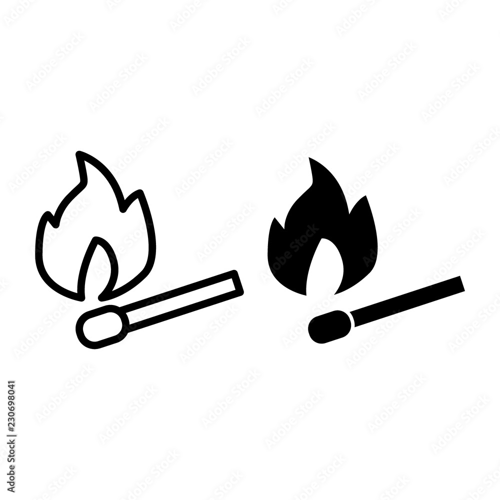 Poster burning match line and glyph icon. flame and match vector illustration isolated on white. fire and m