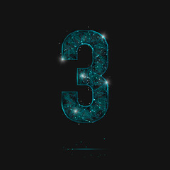 Abstract isolated blue image of a number three. Polygonal illustration looks like stars in the blask night sky in spase or flying glass shards. Digital design for website, web, internet. © Katsiaryna