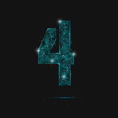 Abstract isolated blue image of a number four. Polygonal illustration looks like stars in the blask night sky in spase or flying glass shards. Digital design for website, web, internet. © Katsiaryna