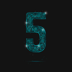 Abstract isolated blue image of a number five. Polygonal illustration looks like stars in the blask night sky in spase or flying glass shards. Digital design for website, web, internet. © Katsiaryna