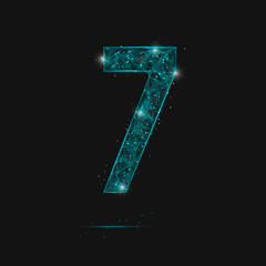 Abstract isolated blue image of a number seven. Polygonal illustration looks like stars in the blask night sky in spase or flying glass shards. Digital design for website, web, internet. © Katsiaryna