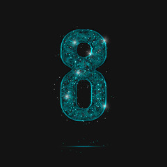 Abstract isolated blue image of a number eight. Polygonal illustration looks like stars in the blask night sky in spase or flying glass shards. Digital design for website, web, internet. © Katsiaryna