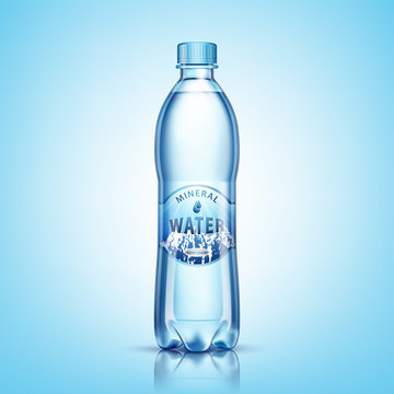 Mineral Water Bottle Package Design, With Snowy Mountains Image On Label, Isolated On Blue Background. Vector Illustration