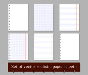 In a cage, ruler and blank sheets of paper notebook or notebook with perforation and without. Set of vector realistic paper sheets. in a ruler, a cell and no markup, isolated on a light background.