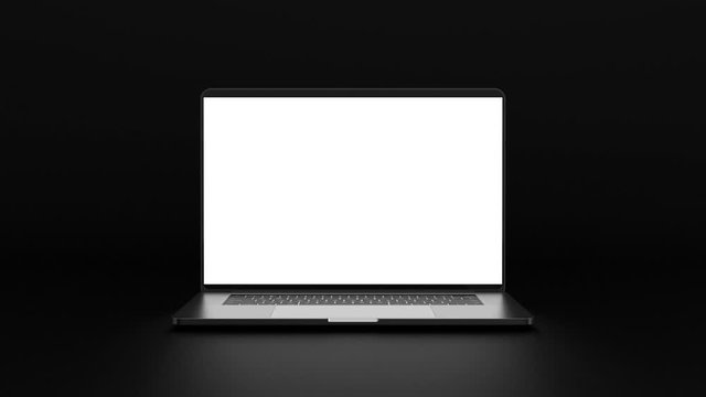 Laptop with blank screen isolated on black background. Whole in focus. 4K 30fps