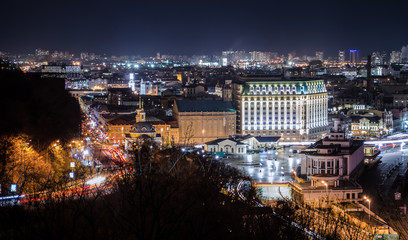 Fototapeta na wymiar Panorama of night city landscape, historical district of city Kiev.