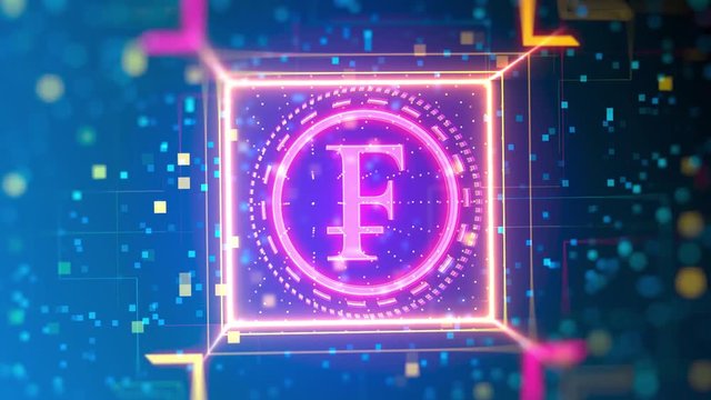 Swiss franc currency animated logo reveal. Financial sign on digital background. Closeup video with depth of field, bokeh, neon lights.