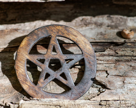 Wooden encircled pentagram symbol on fibrous tree bark in the forest. Five elements: Earth, Water, Air, Fire, Spirit.