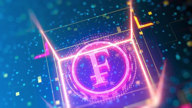 Swiss franc currency animated logo reveal. Financial sign on digital background. Closeup video with depth of field, bokeh, neon lights.