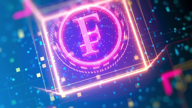 Swiss franc currency animated logo reveal. Financial sign on digital background. Closeup video with depth of field, bokeh, neon lights.