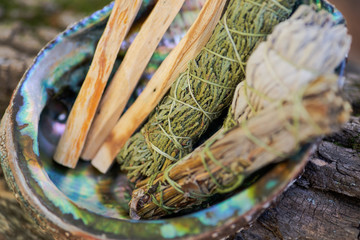 Smudge kit - Palo Santo sticks, Wildcrafted dried white sage (Salvia apiana), Mugwort (Artemisia vulgaris), and Siskiyou Cedar (Chamaecyparis lawsoniana) wrapped in organic hemp twine, Abalone shell. 