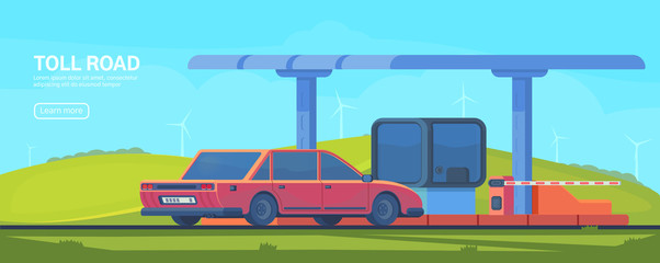 Checkpoint on the toll road. Booth with boom barrier Web banner. Vector flat illustration.