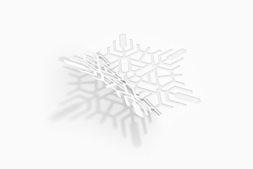 Carved paper snowflake folded in half, bent, casts a beautiful shadow on a white background 3d illustration