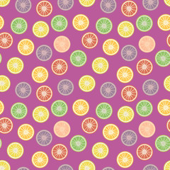 Citrus multicolored bright fruit slices vector seamless pattern on a lilac background.