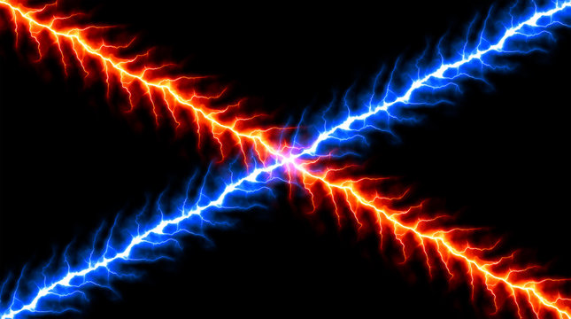 Red and Blue Lightnings - Vector Cold and Hot Plasma Intersection  - Abstract Thunderbolts Battle Plasm Background 
