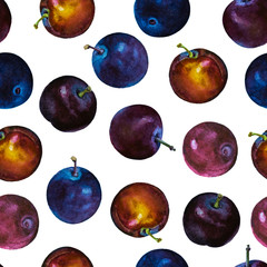 Ripe plums. Watercolor illustration. Hand drawn fruit isolated on white background. Seamless pattern.