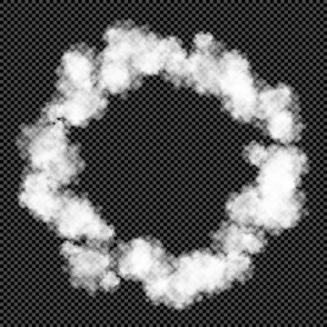 White Smoke Ring, Curl Isolated on Transparent Background  - Vector Circular Smoke Puff, Steam, vapor, Blow, Round Frame etc

