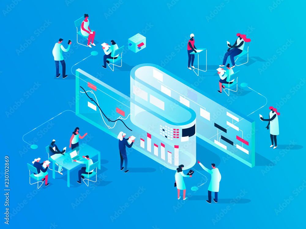 Poster people interacting with charts and analysing statistics. data visualisation concept. 3d isometric ve