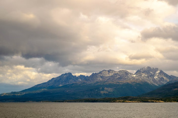 Fototapeta na wymiar Clouds above the Beagle Channel and its surrounding mountains, Tierra del Fuego, Chile.