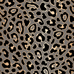 Leopard seamless pattern design in luxury gold and brown color. Exotic animal skin design. Vector illustration background.