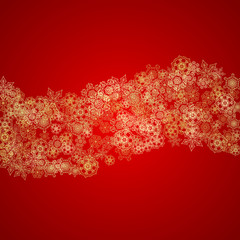 Fototapeta premium Christmas snowflakes on red background. Glitter frame for seasonal winter banners, gift coupon, voucher, ads, party event. Santa Claus colors with golden Christmas snowflakes. Falling snow for holiday