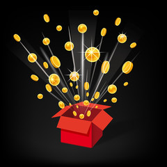 Open Red Gift Box and Coins. Christmas and other Holidays, Present, Win Background. Vector Illustration. Cartoon style