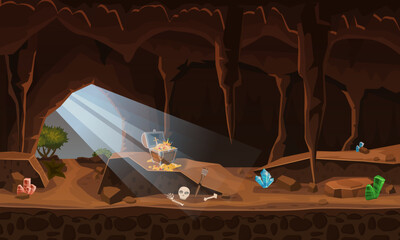 Treasure cave with chest gold coins, gems. Concept, art for computer game. Background image to use games, apps, banners, graphics. Vector cartoon illustration