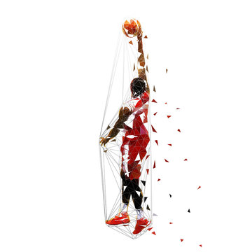 Basketball player in red jersey shooting ball, low polygonal isolated vector illustration. Team sport