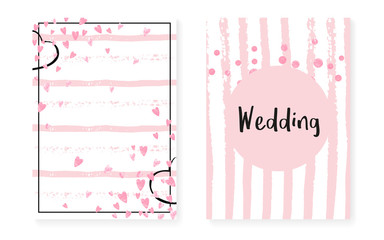 Pink glitter cards with dots and sequins. Wedding and bridal shower invitation set with confetti. Vertical stripes background. Hipster pink glitter cards for party, event, save the date flyer.