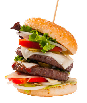  delicious double tasty hamburger with beef cutlet and vegetables