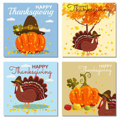 Set Card Happy Thanksgiving Celebration with Cartoon Pumpkin and Autumn Leaves. Vector, Illustration, Design, Baner, Poster