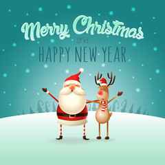 Merry Christmas and happy New Year greeting card - Santa Claus and Reindeer celebrate Christmas - winter landscape