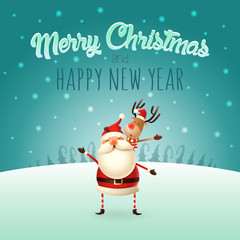 Merry Christmas and happy New Year - Santa Claus holding Reindeer on his beck - cute illustration