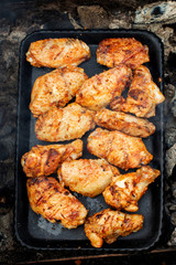 Chicken wings on barbecue grill. Tasty, beautiful and appetizing. Clouse-up.