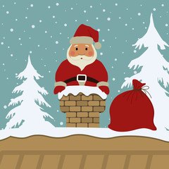Santa Claus with a red bag in the chimney on a blue background. There are also snow-covered fir trees in the picture. It can be used as a design element in Christmas composition. Vector image