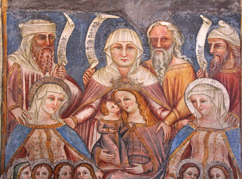 i Santi Gioachino e Anna con altri antenati, Maria e Gesù; affesco nella chiesa romanica di San Giovanni in Villa a Bolzano