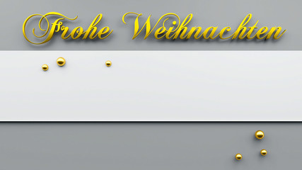 3d render - Frohe Weihnachten text in gold letters and christmas baubles on grey background 