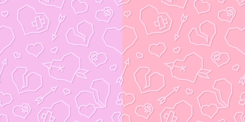 St. Valentine's Day Hearts Low Poly Seamless Pattern. 2 Light Color Variations