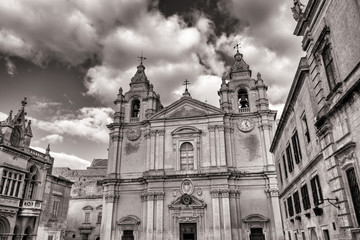 The ornate St. Paul's Cathedral.  Located in the ancient medieval capital city of Mdina, Malta.  Europe.