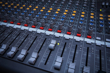 Professional console sound mix. Sound mixing controller for music.Dj audio mixer knobs for nightclub event.