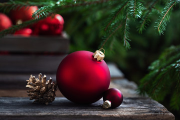 Christmas background with Red Christmas Tree ornaments balls