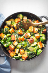 Brussel sprouts with spinach and fried paneer cheese 