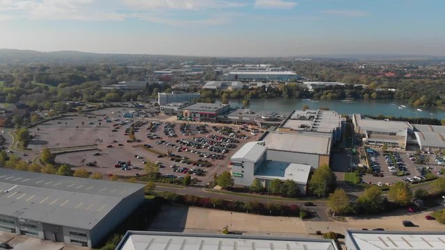 An aerial view of the shopping center and the half full car park at Festival Leisure Park in Basildon